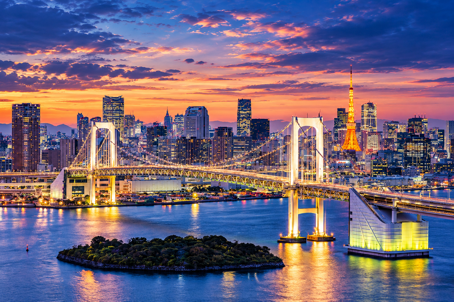 Odaiba waterfront district and Tokyo Bay modern architecture