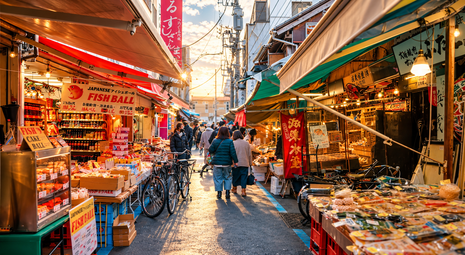 Tsukiji Outer Market stalls and fresh seafood in Tokyo